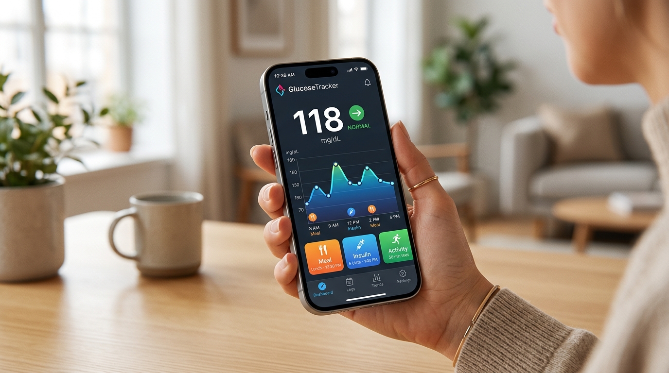 Phone showing the Sugar Smart Pro app with a blood glucose reading of 118 and a trend chart