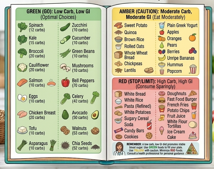 Food Traffic Light Chart showing 52 common foods colour-coded green, amber and red