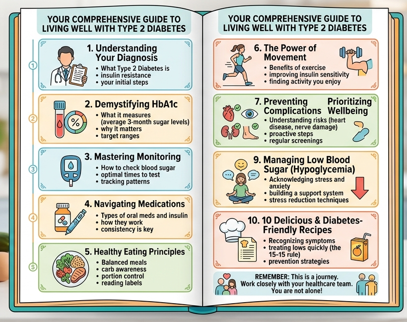 Cover spread of the Managing Type 2 Diabetes Guide, a 10-chapter roadmap for the newly diagnosed