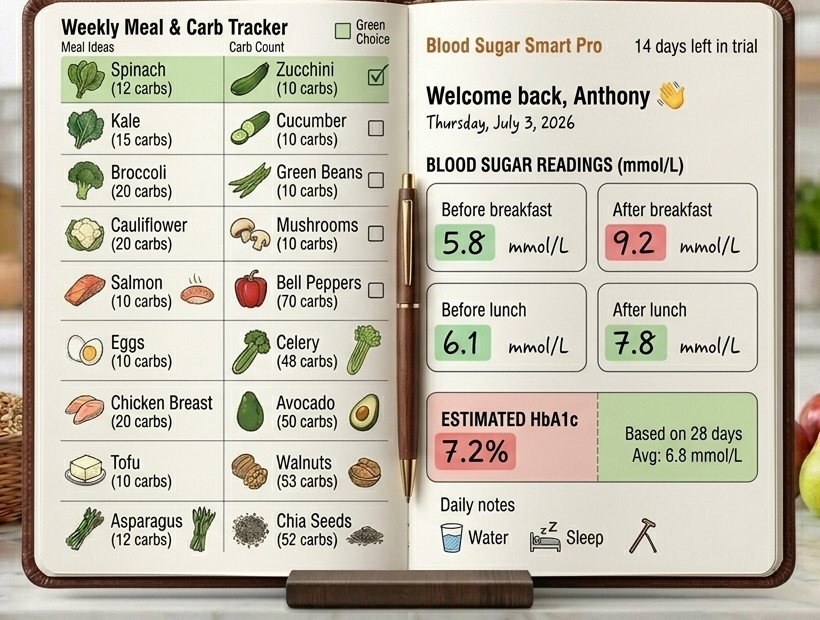 Blood Sugar Tracking Journal showing weekly meal tracker and daily reading log pages