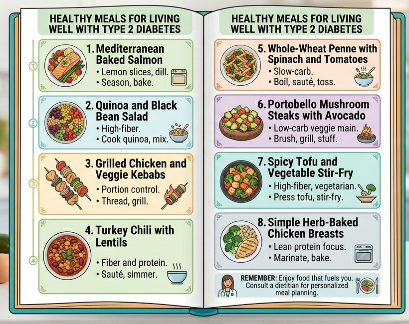 Cover spread of the Diabetes-Friendly Recipe Book showing meal photos and recipe cards
