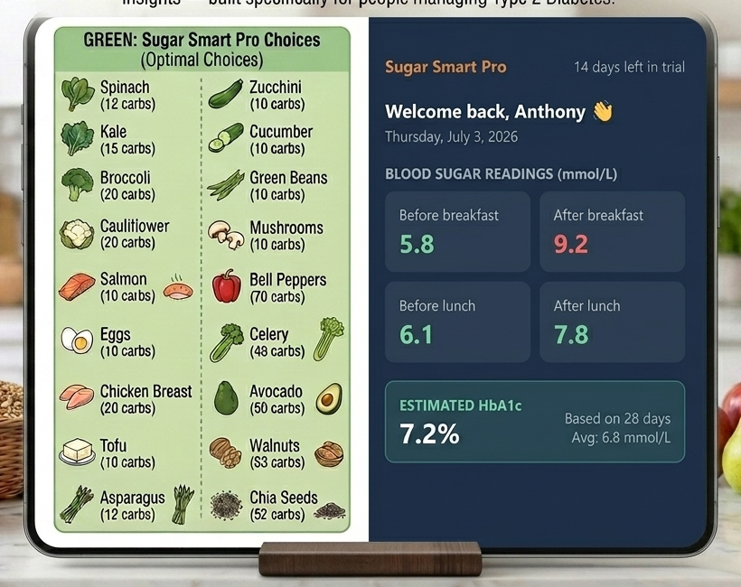 Tablet showing the Sugar Smart Pro app dashboard with blood sugar readings and estimated HbA1c